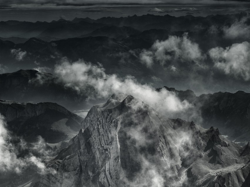 mountains, fog, peaks, clouds, gray