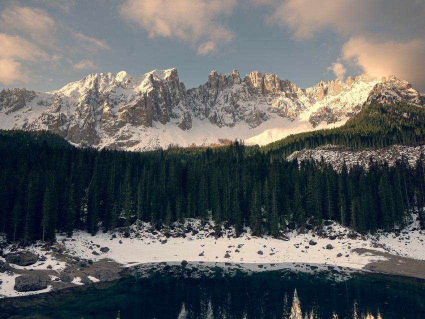 mountains, forest, lake, snow, shore