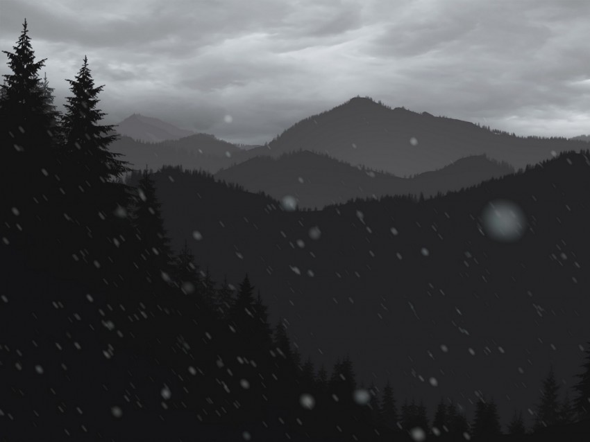 mountains, forest, trees, snow, vector, art