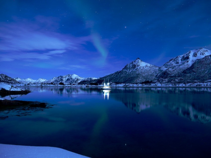 mountains, lake, boat, ice, sunset, starry sky