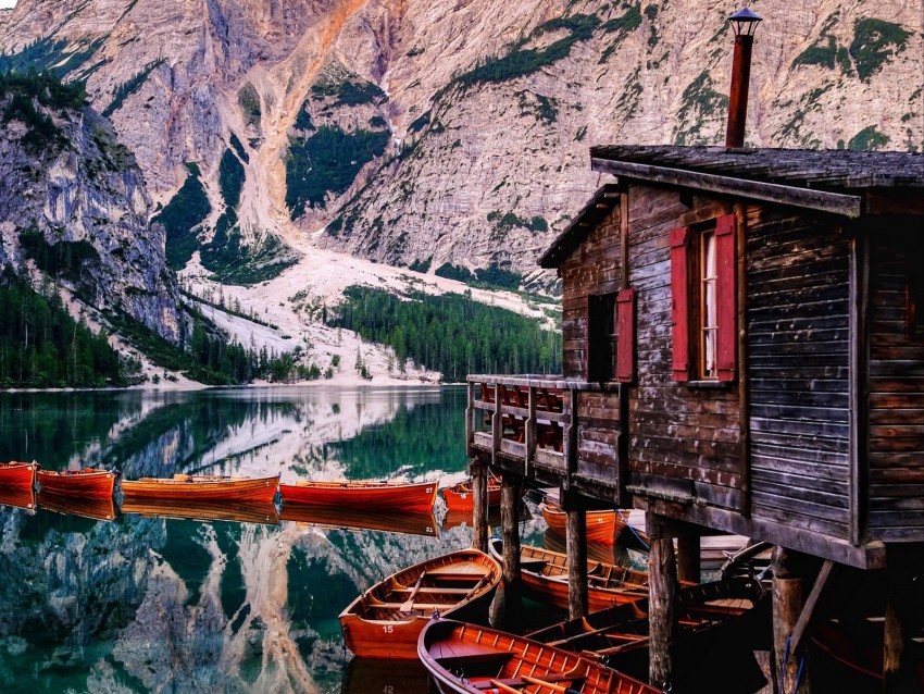 mountains, lake, boats, pier, building