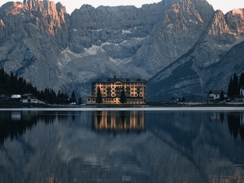 mountains, lake, building, architecture, reflection