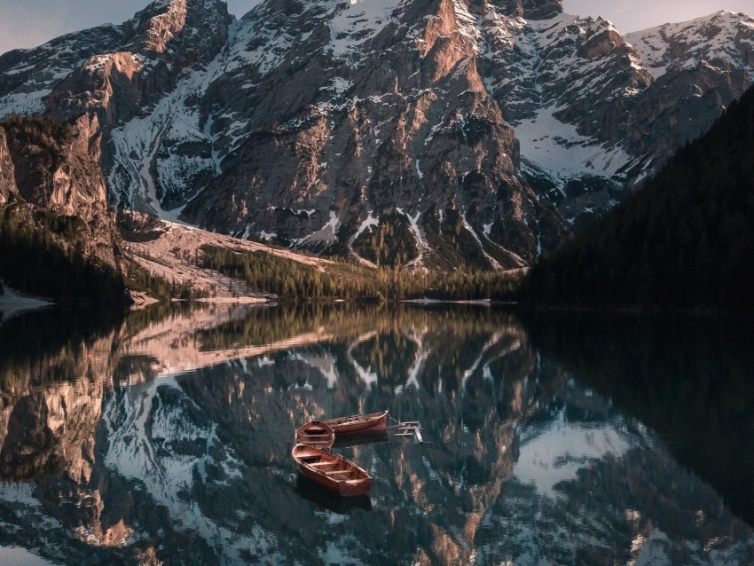mountains, lake, landscape, boats, reflection