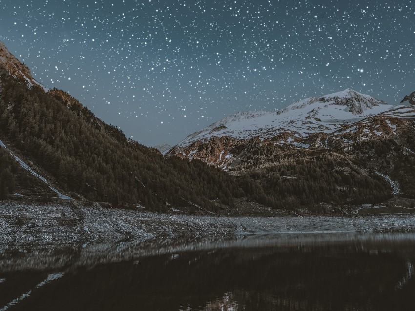mountains, lake, starry sky, snowy, night