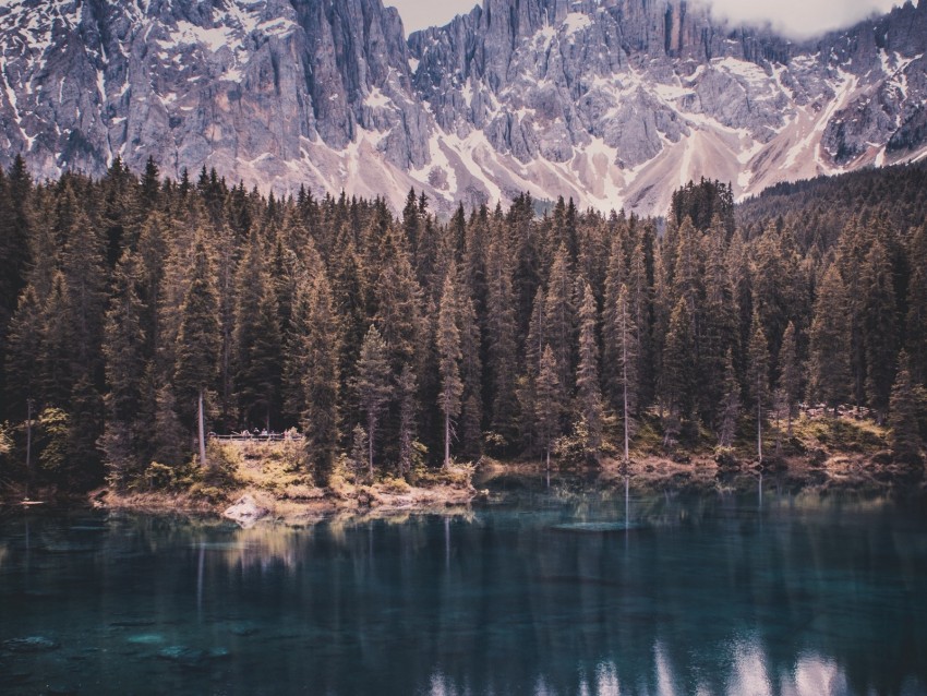 mountains, lake, trees, reflection, sky