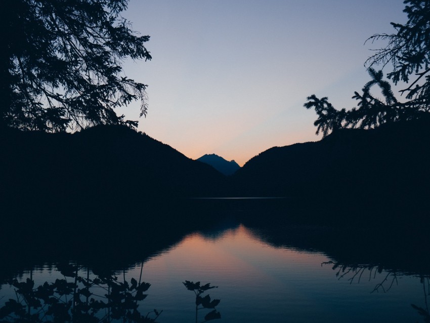 mountains, lake, twilight, reflection, horizon, branches