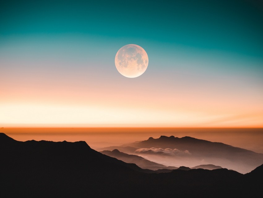 mountains, moon, fog, peaks, twilight