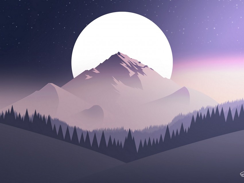 mountains, moon, forest, night, starry sky, vector, flat
