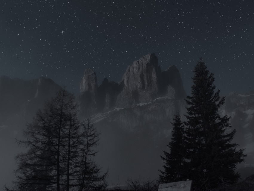 mountains, night, landscape, bench, trees, starry sky, fog