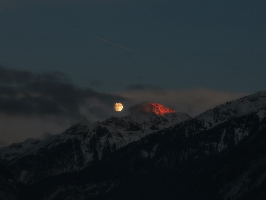 mountains, night, moon, full moon, peak