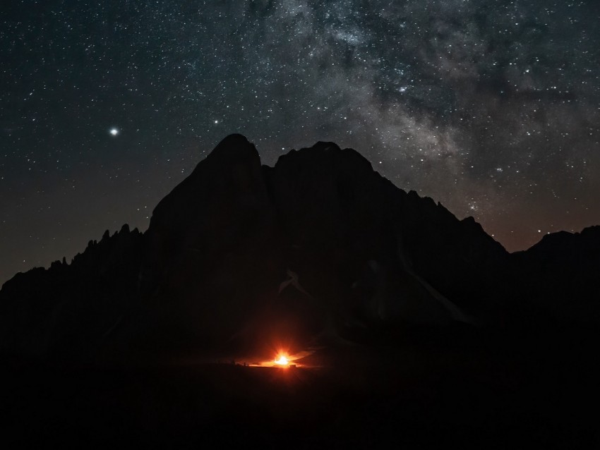 mountains, night, starry sky, darkness, fire