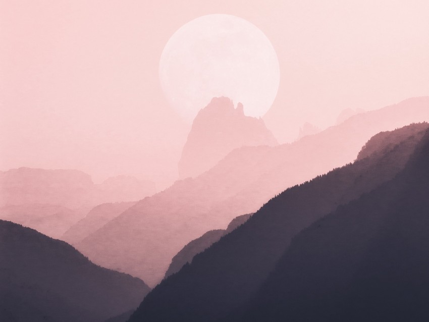mountains, outlines, moon, pink