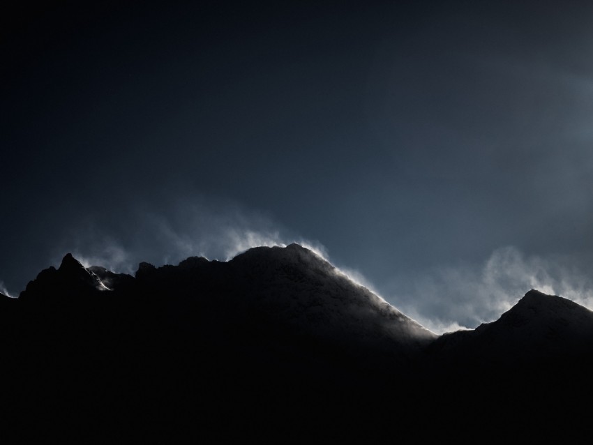 mountains, peak, fog, enveloping, dark, shadow