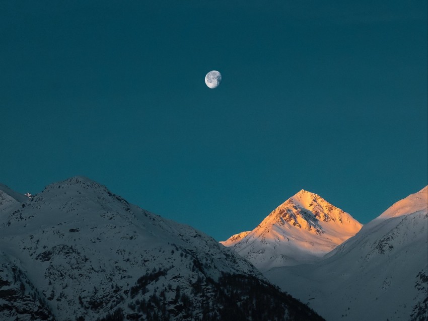 mountains, peak, moon, snowy, twilight