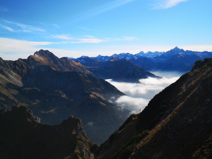 mountains, peaks, aerial view, fog, clouds, alps