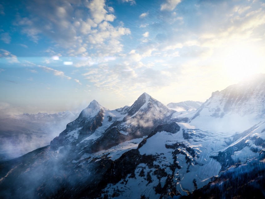 mountains, peaks, sky, snowy, view from above, sunlight