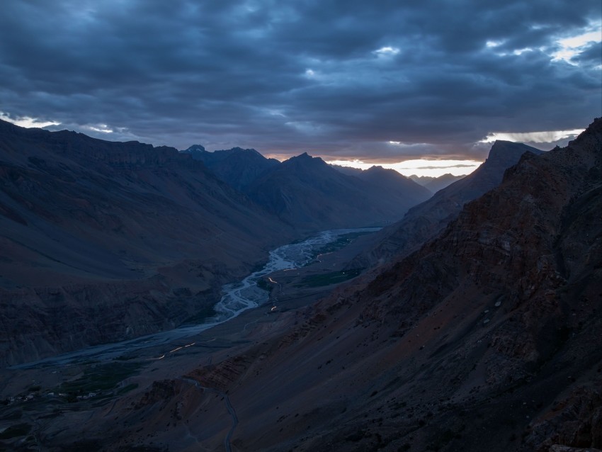 mountains, river, valley, clouds, landscape