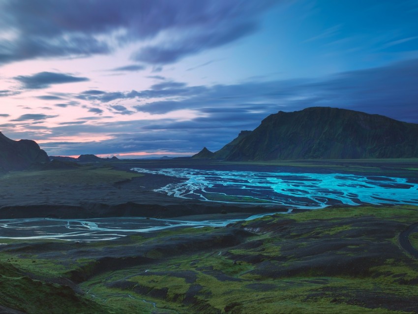 mountains, river, valley, landscape, iceland