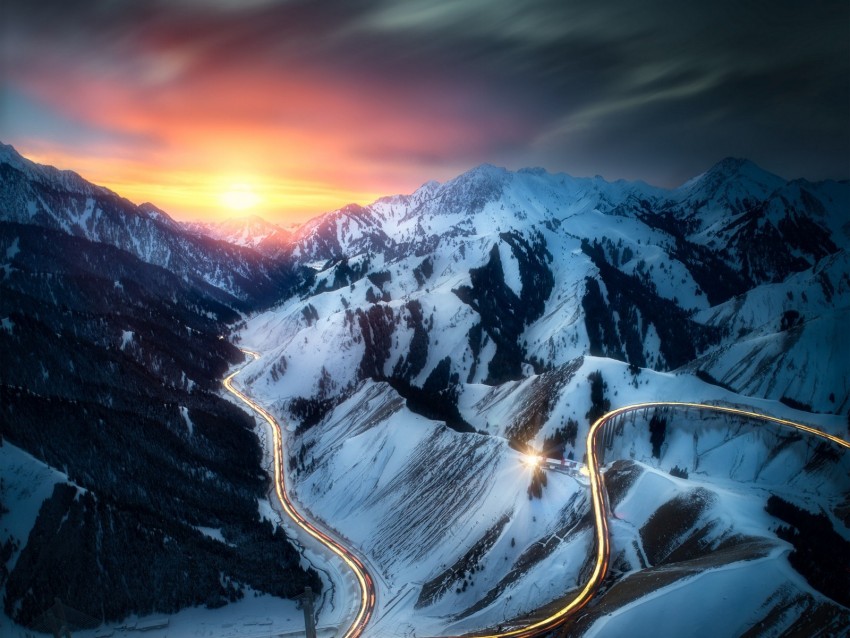 mountains, road, aerial view, sunset, landscape