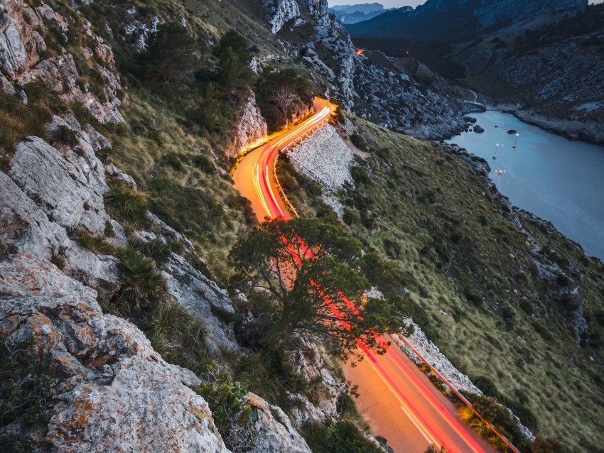 mountains, road, lights, movement, long exposure, landscape