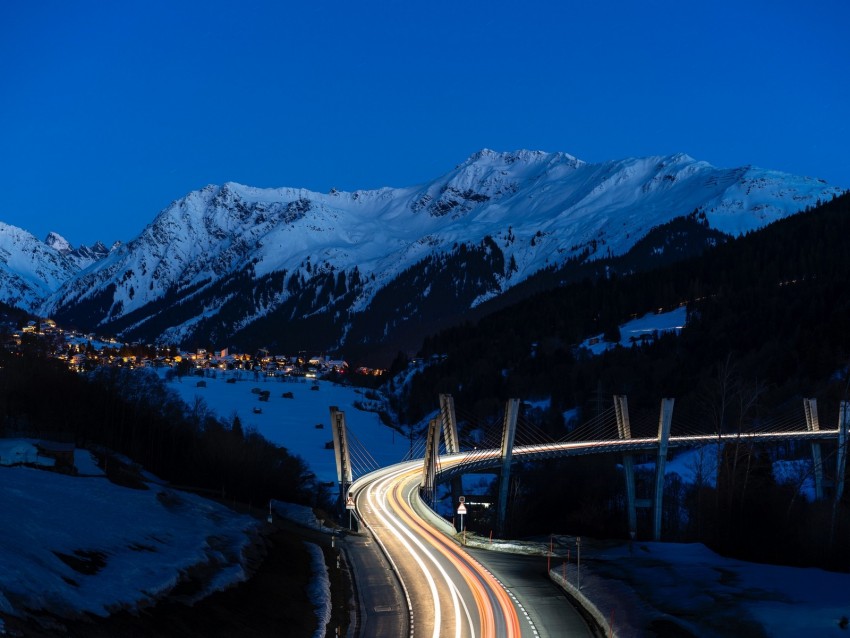 mountains, road, long exposure, night, snow