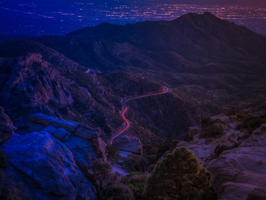 mountains, road, night, backlight, aerial view