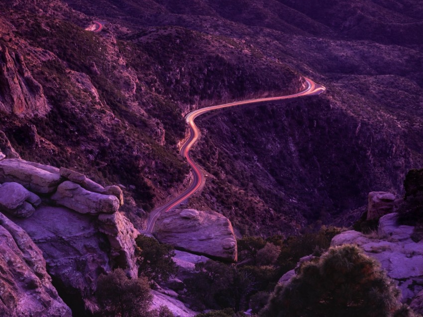 mountains, road, night, backlight, aerial view, sunset