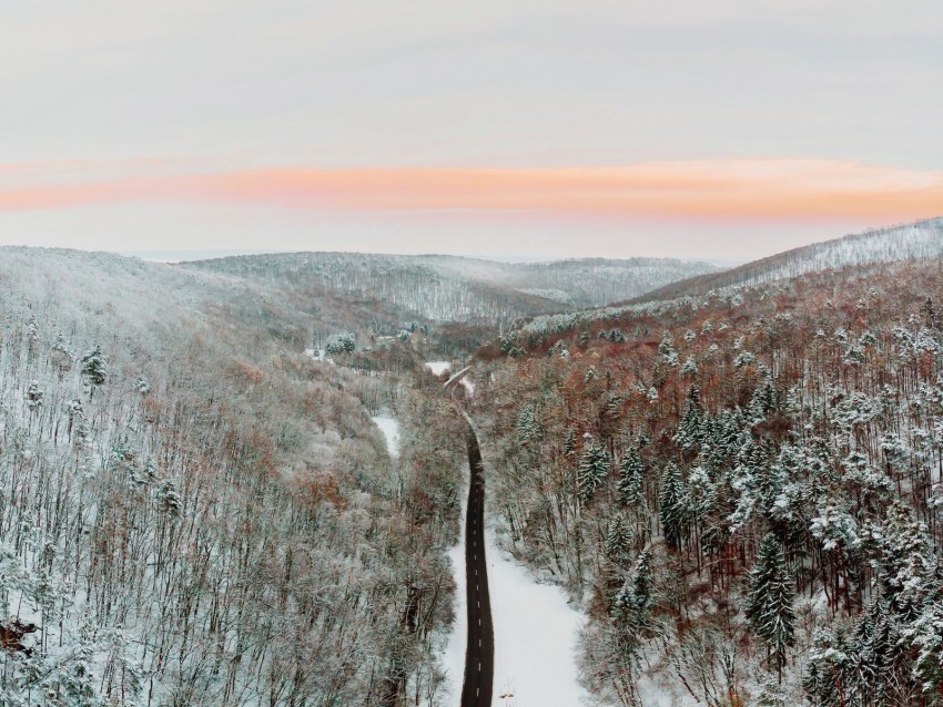 mountains, road, winter, aerial view, snow