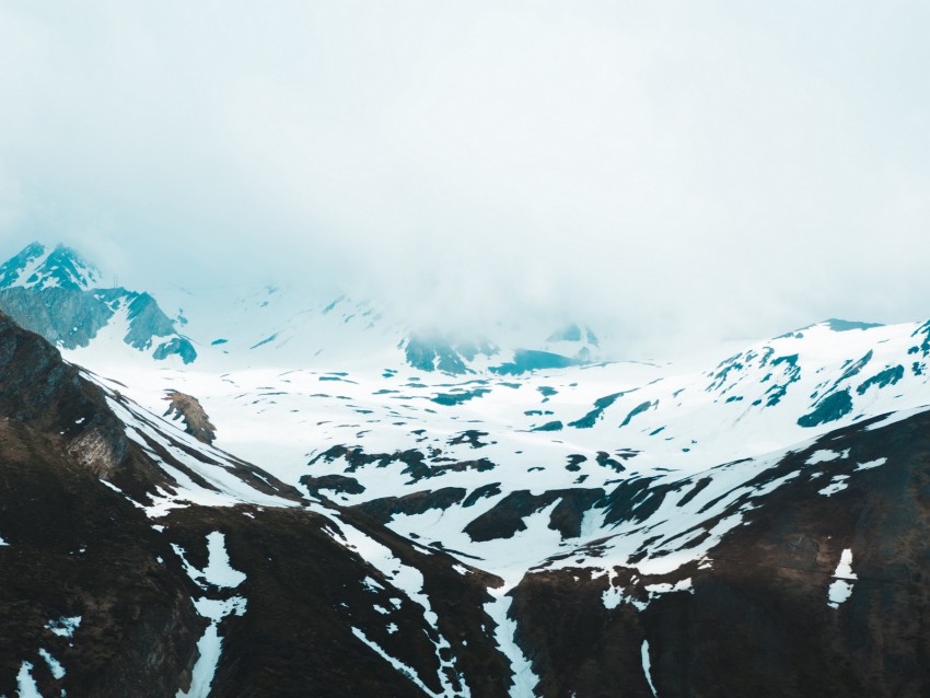 mountains, snow, clouds, slope, cliff
