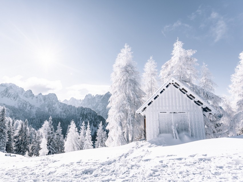 mountains, snow, winter, building, trees