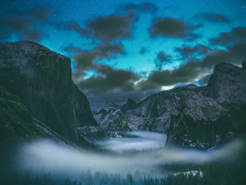 mountains, starry sky, fog, clouds