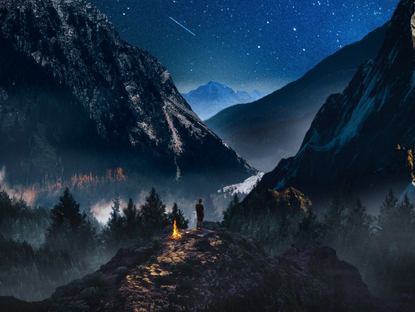 mountains, starry sky, loneliness, photoshop, camping