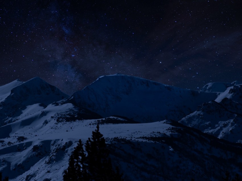 mountains, starry sky, night, snowy