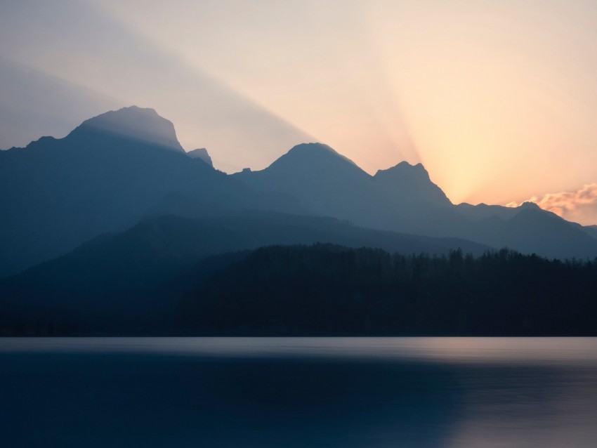 mountains, sunset, lake, light, sky, silence