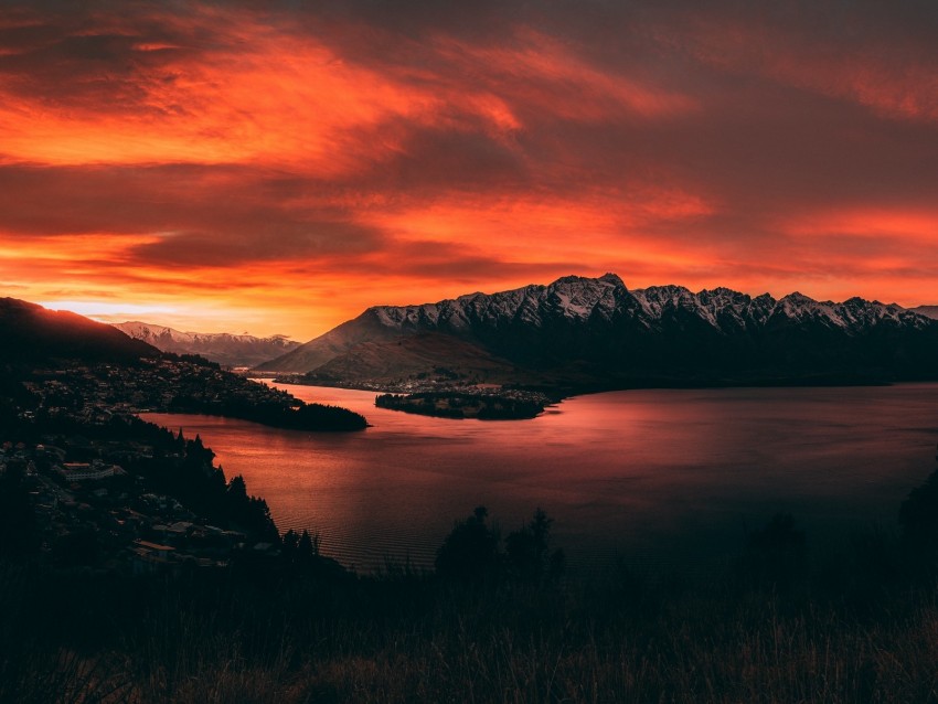 mountains, sunset, lake, sky, fiery, new zealand