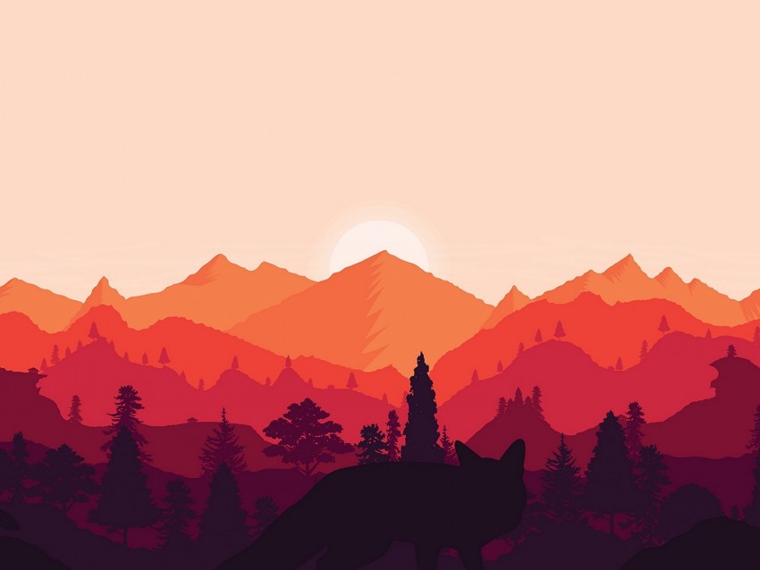 mountains, sunset, landscape, fox, art, vector