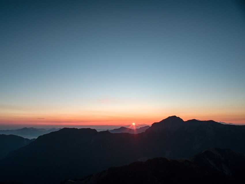 mountains, sunset, sky, peaks, aerial view