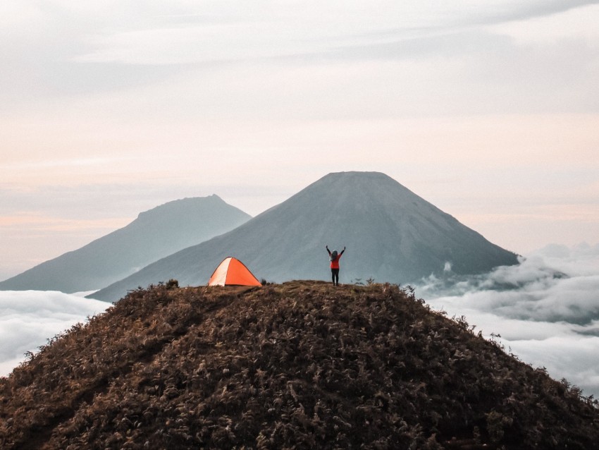 mountains, tent, person, camping, nature