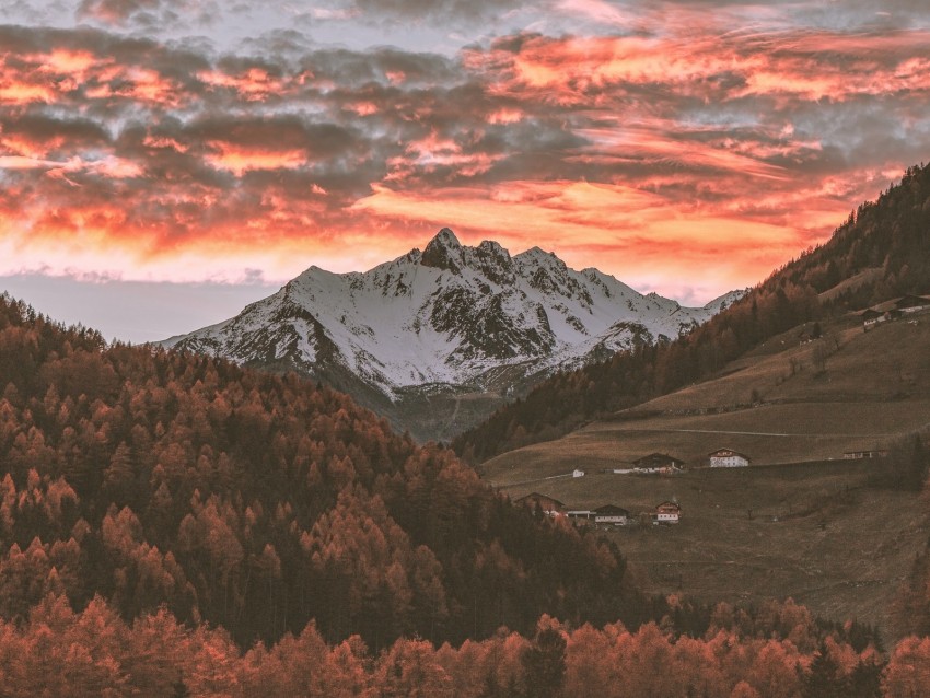 mountains, trees, clouds, sky, autumn, village, italy