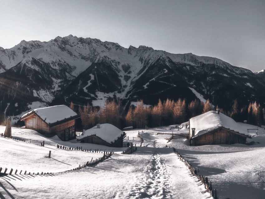 mountains, village, winter, snow, path