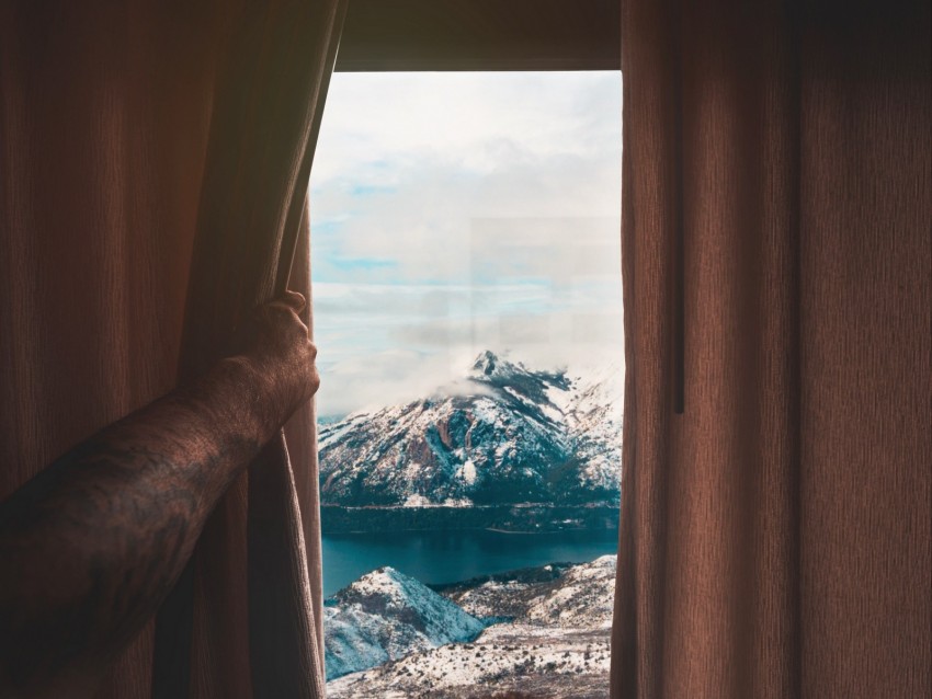 mountains, window, curtain, view