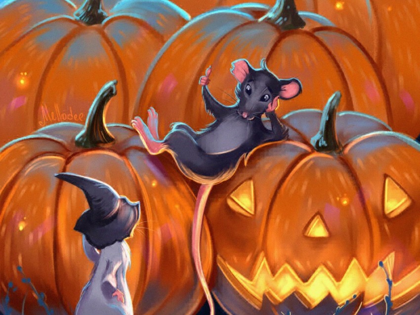 mouses, pumpkin, art, halloween, night