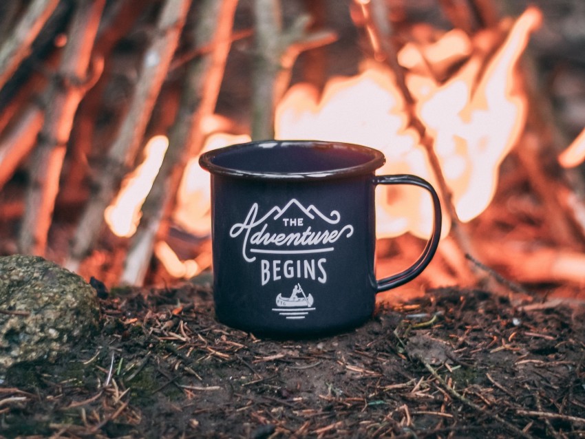 mug, campfire, camping, trip