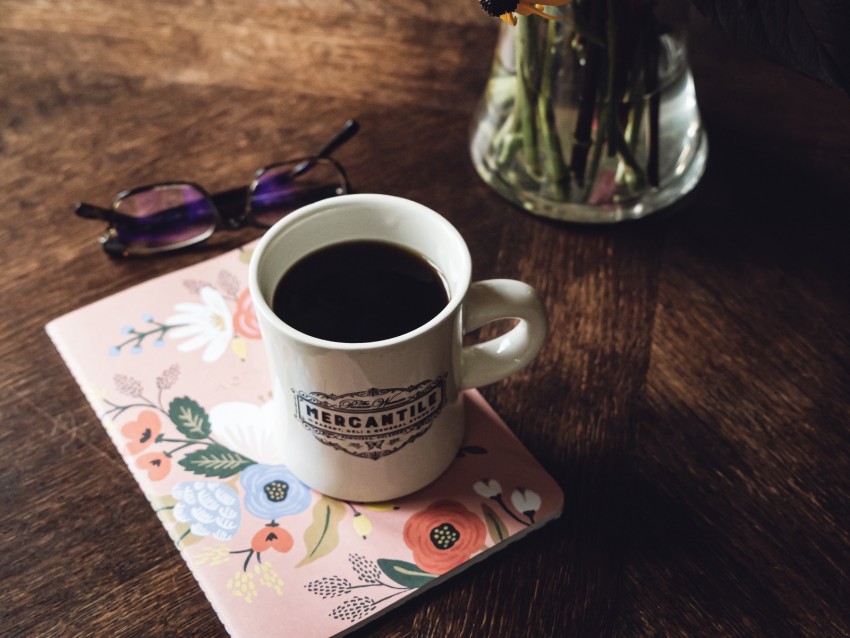 mug, coffee, notebook, glasses, bouquet