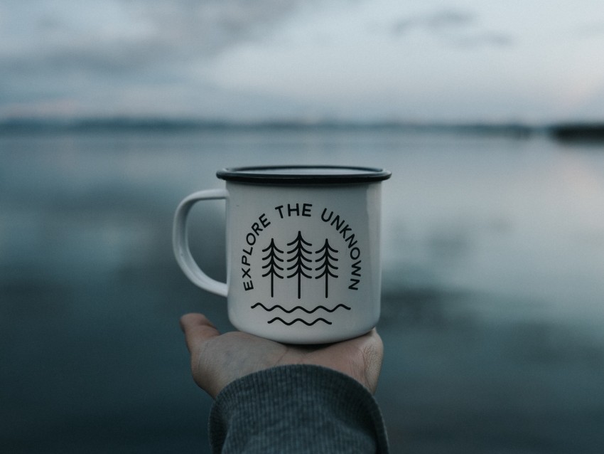 mug, inscription, hand, lake, nature