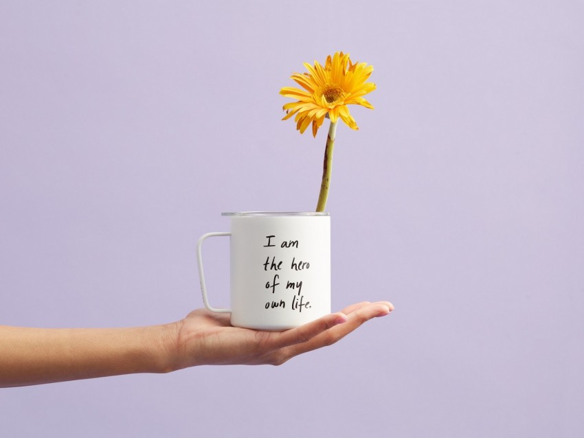 mug, inscription, self-affirmation, motivation, flower, hand