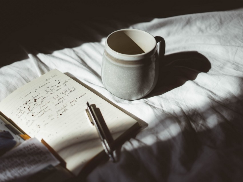 mug, pen, notebook, mood, shadows