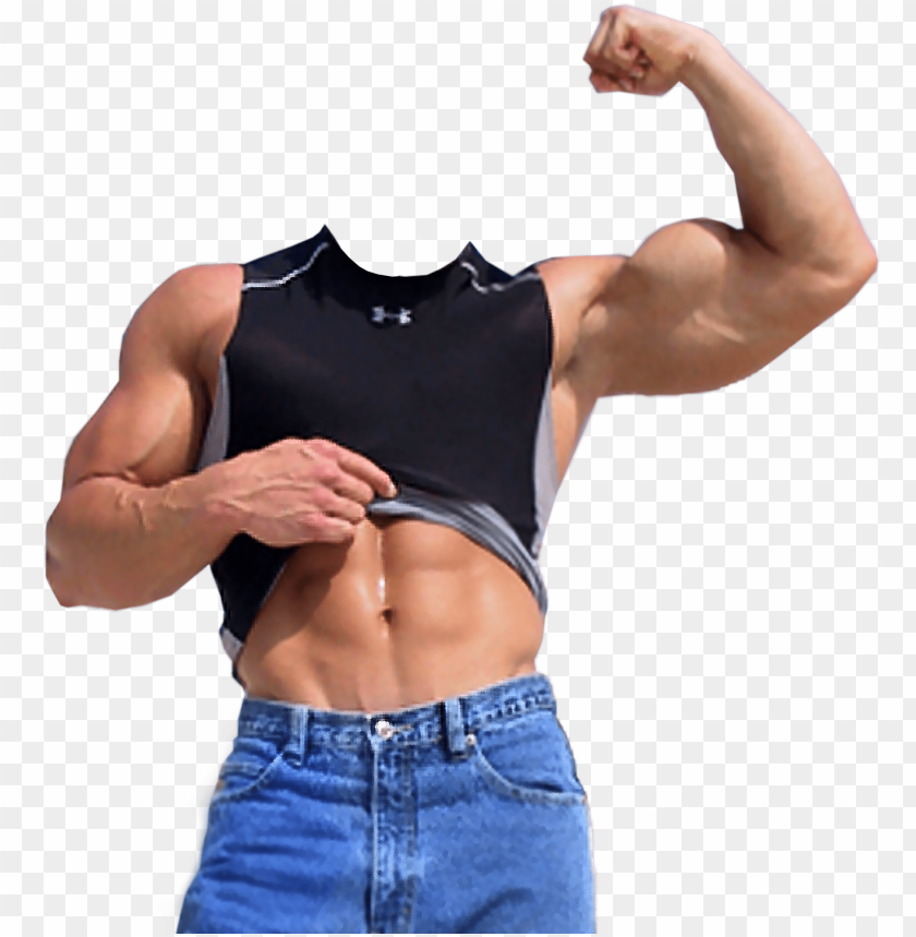 Muscular man flexing biceps with abs visible, wearing sleeveless shirt and jeans.