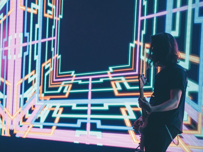 musician, guitar, stage, screen, abstraction, bright