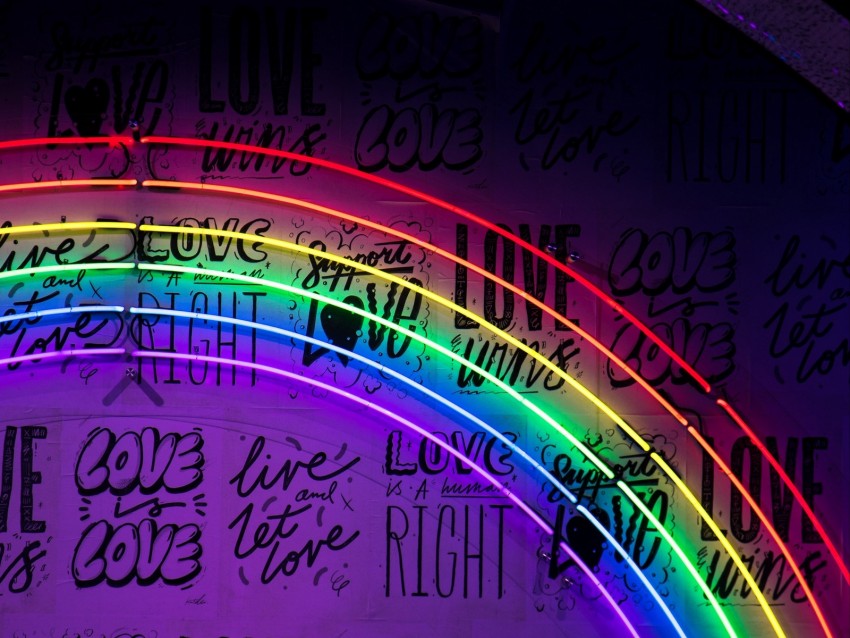neon, lettering, rainbow, wall, lights